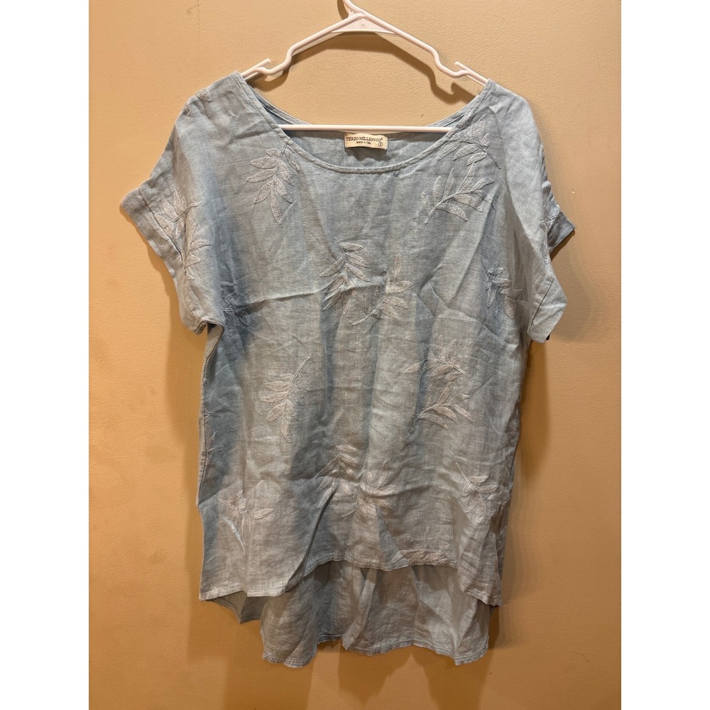 Terzo Millennio Italy Blue 100% Linen Embroidered Leaf High Low Top Small